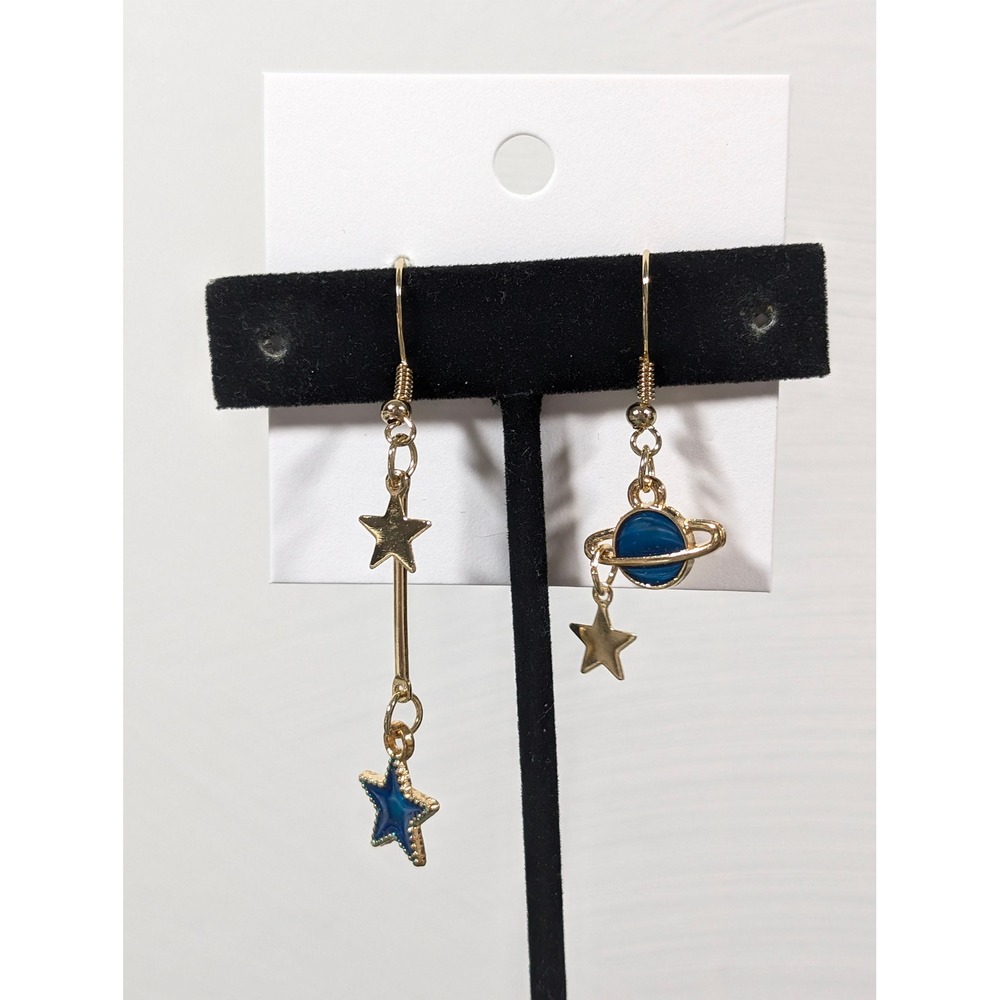 Gold Tone Celestial Star Planet Asymmetrical Dangle Earrings Blue Green‎ NWT